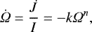 Mathematical equation: $\dot{\Omega}=\frac{\dot{J}}{I}=-k\Omega^n, $