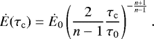 Mathematical equation: $ \edot(\age)=\edot_0 \left(\frac{2}{n-1}\frac{\age}{\tau_0}\right)^{-\frac{n+1}{n-1}}. $