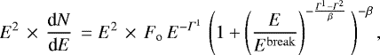Mathematical equation: \begin{equation*} E^2\,\times\,\frac{\textrm{d}N}{\textrm{d}E}\, = E^2\,\times\,F_{\textrm{o}} \, E^{-\Gamma^1}\, \left(1 + \Bigg ( \frac{E}{E^{\mathrm{break}}}\right)^{-\frac{\Gamma^1-\Gamma^2}{\beta}} \Bigg )^{-\beta} \, \mathrm{,} \end{equation*}