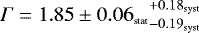 Mathematical equation: $\Gamma = 1.85 \pm 0.06{{_{\textrm{\tiny{stat}}}}} ^{+ 0.18{{_{\textrm{\tiny{syst}}}}}} _{- 0.19{{_{\textrm{\tiny{syst}}}}}}$