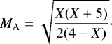 Mathematical equation: \begin{equation*} M_{\textrm{A}}=\sqrt{\frac{X(X+5)}{2(4-X)}}\cdot\end{equation*}