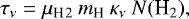 Mathematical equation: \begin{equation*} \tau_{\nu} = \mu_{\textrm{H}}_{2}\ m_{\textrm{H}}\ \kappa_{\nu}\ N(\textrm{H}_{2}) ,\end{equation*}