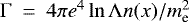Mathematical equation: $\mathrm{\Gamma}~=~4 \pi e^4 \ln \mathrm{\Lambda} n(x) / m_{\textrm{e}}^2$