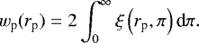 Mathematical equation: \begin{equation*} w_{\textrm{p}} (r_{\textrm{p}}) = 2\int^{\infty}_0\xi\left(r_{\textrm{p}},\pi\right) {\textrm{d}}\pi.\end{equation*}