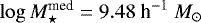 Mathematical equation: $\log M_{\star}^{\textrm{med}} = 9.48\ \textrm{h}^{-1}\ M_{\odot}$