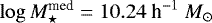 Mathematical equation: $\log M_{\star}^{\textrm{med}} = 10.24\ \textrm{h}^{-1}\ M_{\odot}$