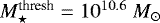 Mathematical equation: $M_{\star}^{\textrm{thresh}}=10^{10.6}\ M_{\odot}$