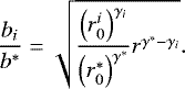 Mathematical equation: \begin{equation*} \frac{b_i}{b^*} = \sqrt{\frac{\left(r_0^i\right)^{\gamma_i}}{\left(r_0^*\right)^{\gamma^*}}r^{\gamma^*-\gamma_i}}.\end{equation*}