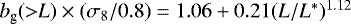 Mathematical equation: $b_{\textrm{g}}({>}L)\times(\sigma_8/0.8) = 1.06+0.21(L/L^*)^{1.12}$