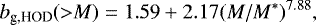 Mathematical equation: \begin{equation*} b_{\textrm{g,HOD}}({>}M) = 1.59+2.17(M/M^*)^{7.88},\end{equation*}