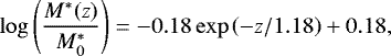 Mathematical equation: \begin{equation*} \log\left(\frac{M^*(z)}{M^*_0}\right) = -0.18\exp\left(-z/1.18\right) + 0.18,\end{equation*}