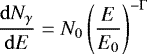 Mathematical equation: \begin{equation*} \frac{\mathrm{d}N_{\gamma}}{\mathrm{d}E} = N_{0}\left(\frac{E}{E_0}\right)^{-{\UpGamma}} \end{equation*}