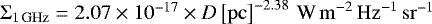 Mathematical equation: ${\UpSigma}_{1\,\mathrm{GHz}} = 2.07 \times 10^{-17} \times D\left[\mathrm{pc}\right]^{-2.38}\,\mathrm{W\,m}^{-2}\,\mathrm{Hz}^{-1}\,\mathrm{sr}^{-1}$