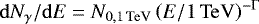 Mathematical equation: $\mathrm{d}N_{\gamma}/\mathrm{d}E = N_{0,\SI{1}{\tera\eV}}\left(E/\SI{1}{\tera\eV}\right)^{-{\UpGamma}}$