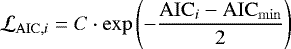 Mathematical equation: \begin{equation*}\mathcal{L}_{\mathrm{AIC},i} = C \cdot \exp\left(-\frac{\mathrm{AIC}_{i}-\mathrm{AIC}_{\mathrm{min}}}{2}\right) \end{equation*}