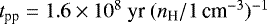 Mathematical equation: $t_{\textrm{pp}}=1.6 \times 10^8\ \textrm{yr}\ (n_{\textrm{H}}/1 \, \textrm{cm}^{-3})^{-1}$
