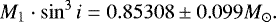 Mathematical equation: \begin{equation*} M_1\cdot \sin^3 i = 0.85308 \pm 0.099 M_{\odot}. \end{equation*}