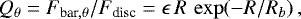 Mathematical equation: \begin{equation*} Q_{\mathrm{\theta}}=F_{\textrm{bar}, {\mathrm{\theta}}}/F_{\textrm{disc}}=\epsilon \, R \, \exp(-R/R_b)\, ,\end{equation*}