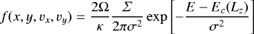 Mathematical equation: \begin{equation*} f(x,y,v_x,v_y)= \frac{2 {\mathrm{\Omega}}}{\kappa} \frac{\Sigma}{2 \pi \sigma^2} \exp \left[- \frac{E-E_c(L_z)}{\sigma^2} \right] \vspace*{-5pt} \end{equation*}