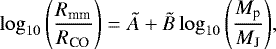 Mathematical equation: \begin{equation*} \log_{10}{ \left(\frac{R_{\textrm{mm}}}{R_{\textrm{CO}}}\right)} = \tilde{A} + \tilde{B}\log_{10}{\left( \frac{M_{\textrm{p}}}{M_{\textrm{J}}} \right)}, \end{equation*}