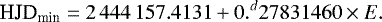 Mathematical equation: \begin{equation*} {\textrm{HJD}_{\textrm{min}}} = 2\,444\,157.4131 + 0.^{d}27831460 \times E. \end{equation*}