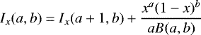 Mathematical equation: \begin{equation*} I_x(a,b) = I_x(a+1,b) + \frac{x^a (1-x)^b}{a B(a,b)}\end{equation*}