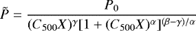 Mathematical equation: \begin{equation*} \tilde{P} = \frac{P_0}{(C_{500} X)^{\gamma} [1 + (C_{500} X)^{\alpha}]^{(\beta - \gamma)/\alpha}}\end{equation*}