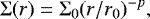 Mathematical equation: \begin{equation*} {\mathrm{\Sigma}}(r) = {\mathrm{\Sigma}}_0(r/r_0)^{-p}, \end{equation*}