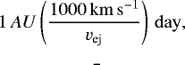 Mathematical equation: \begin{equation*} t_{\textrm{w}}=\frac{r_{\textrm{ej}}}{v_{\textrm{ej}}}\approx 1.7\,\left(\frac{r_{\textrm{ej}}}\textrm{1\,AU}\right)\left(\frac{1000\rm\,km\,s^{-1}}{v_{\textrm{ej}}}\right)\rm\, day , \end{equation*}