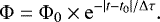 Mathematical equation: \begin{equation*} {\mathrm{\Phi}} = {\mathrm{\Phi}}_{0} \times {\mathrm{e}}^{-\vert t-t_{0}\vert/{\mathrm{\Delta}}\tau}.\\end{equation*}