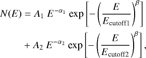 Mathematical equation: \begin{align*}N(E) &= A_{1}~E^{-\alpha_{1}}~\textrm{exp}\left[-\left(\frac{E}{E_{\textrm{cutoff}1}}\right)^{\beta}\right]\nonumber\\ &+A_{2}~E^{-\alpha_{2}}~\textrm{exp}\left[-\left(\frac{E}{E_{\textrm{cutoff}2}}\right)^{\beta}\right] ,\end{align*}
