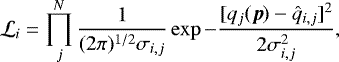 Mathematical equation: \begin{equation*} \mathcal{L}_i = \prod_j^{N} \frac{1}{(2\pi)^{1/2} \sigma_{i,j}} \exp{-\frac{[q_j(\vec{p})-\hat{q}_{i,j}]^2}{2\sigma_{i,j}^2}} ,\end{equation*}