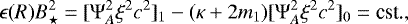 Mathematical equation: \begin{equation*} \epsilon(R)B^2_{\star}=[{\mathrm{\Psi}}_A^2 \xi^2 c^2]_1- (\kappa+2m_1)[{\mathrm{\Psi}}_A^2 \xi^2 c^2]_0=\textrm{cst.} , \end{equation*}