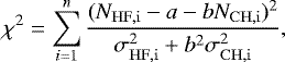 Mathematical equation: \begin{equation*} \chi^2 = \sum_{i=1}^{n} \frac{(N_{\mathrm{HF,i}}-a-bN_{\mathrm{CH,i}})^2}{\sigma_{\mathrm{HF,i}}^2+b^2\sigma_{\mathrm{CH,i}}^2},\end{equation*}