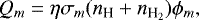 Mathematical equation: \begin{equation*} Q_{m} = \eta\sigma_{m}({n_{\textrm{H}}}+{n_{\textrm{H_2}}})\phi_{m}, \end{equation*}