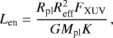 Mathematical equation: \begin{equation*}{L_{\textrm{en}}} = \frac{R_{\textrm{pl}}R_{\textrm{eff}}^2{F_{\textrm{XUV}}}}{GM_{\textrm{pl}}K}\,,\end{equation*}