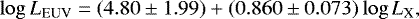 Mathematical equation: \begin{equation*} \log{L_{\textrm{EUV}}} = (4.80 \pm 1.99) + (0.860 \pm 0.073)\log{L_{\textrm{X}}}, \end{equation*}