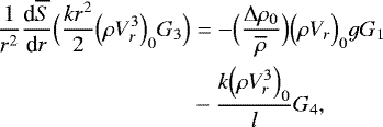 Mathematical equation: \begin{align*}\frac{1}{r^2} {\frac{\textrm{d} {\overline{S}} } {\textrm{d} {r}} } \Bigl( \frac{k r^2 }{2} \Bigl(\rho V_r^3\Bigr)_0 G_3\Bigr) &= -\Bigl(\frac{{\UpDelta} \rho_0}{\overline{\rho}}\Bigr) \Bigl(\rho V_r\Bigr)_0 g G_1 \nonumber \\ &- \frac{ k \Bigl(\rho V_r^3\Bigr)_0}{l} G_4, \end{align*}
