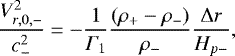 Mathematical equation: \begin{equation*} \frac{V_{r,0,-}^2}{c_-^2} = -\frac{1}{\Gamma_1} \frac{(\rho_+ - \rho_-)}{\rho_-} \frac{{\UpDelta} r}{H_{p-}}, \end{equation*}