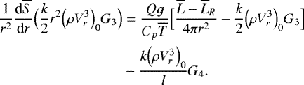 Mathematical equation: \begin{align*} \frac{1}{r^2} {\frac{\textrm{d} {\overline{S}} } {\textrm{d} {r}} } \Bigl(\frac{k}{2} r^2 \Bigl(\rho V_r^3\Bigr)_0 G_3 \Bigr) &= \frac{Qg}{C_p \overline{T}} \Bigl[\frac{\overline{L}-\overline{L}_R}{4\pi r^2}-\frac{k}{2} \Bigl(\rho V_r^3\Bigr)_0 G_3\Bigr] \nonumber \\ &-\frac{k\Bigl(\rho V_r^3\Bigr)_0}{l} G_4. \end{align*}