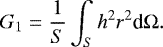 Mathematical equation: \begin{equation*} G_1 = \frac{1}{S} \int_S h^2 r^2 {\textrm{d}}{{\mathrm{\Omega}}}. \end{equation*}