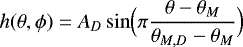 Mathematical equation: \begin{equation*}h(\theta, {{\phi}})= A_D \sin \Bigl(\pi\frac{\theta -\theta _M}{\theta _{M,D}-\theta _M}\Bigr) \end{equation*}