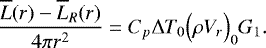 Mathematical equation: \begin{equation*} \frac{\overline{L}(r)-\overline{L}_R(r)}{4\pi r^2} = C_p {\UpDelta} T_0 \Bigl(\rho V_r\Bigr)_0 G_1. \end{equation*}