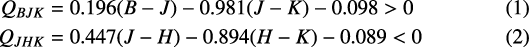 Mathematical equation: \begin{align*} Q_{BJK} &= 0.196 (B-J)-0.981 (J-K)-0.098 > 0\\ Q_{JHK} &= 0.447 (J-H)-0.894 (H-K)-0.089 < 0 \end{align*}