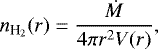 Mathematical equation: \begin{equation*} n_{\text{H}_2}(r) = \frac{\mdot}{4\pi r^2 V(r)},\end{equation*}