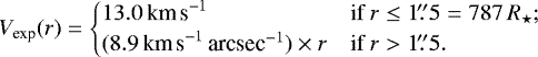 Mathematical equation: \begin{equation*}{\vexp}(r) = \begin{cases} 13.0{\kms} & \text{if \begin{inlinestripns}{si743}$ r \le 1{\farcs}5 = 787\,\rstar$