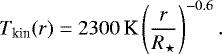 Mathematical equation: \begin{equation*} T_{\text{kin}}(r) = 2300\,\text{K} \left(\frac{r}{\rstar}\right)^{-0.6}. \end{equation*}
