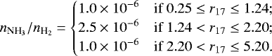 Mathematical equation: \begin{equation*} {\ammabun} = \begin{cases} \displaystyle 1.0 \times 10^{-6} & \text{if \begin{inlinestripns}{si854}$0.25 \le r_{17} \le 1.24$