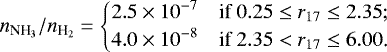Mathematical equation: \begin{equation*} {\ammabun} = \begin{cases} \displaystyle 2.5 \times 10^{-7} & \text{if \begin{inlinestripns}{si885}$0.25 \le r_{17} \le 2.35$