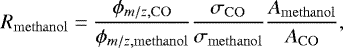 Mathematical equation: \begin{equation*}{R_{\mathrm{methanol}} = \frac{\phi_{m/z,\mathrm{CO}}}{\phi_{m/z,\mathrm{methanol}}} \frac{\sigma_{\mathrm{CO}}}{\sigma_{\mathrm{methanol}}} \frac{A_{\mathrm{methanol}}}{A_{\mathrm{CO}}},} \end{equation*}